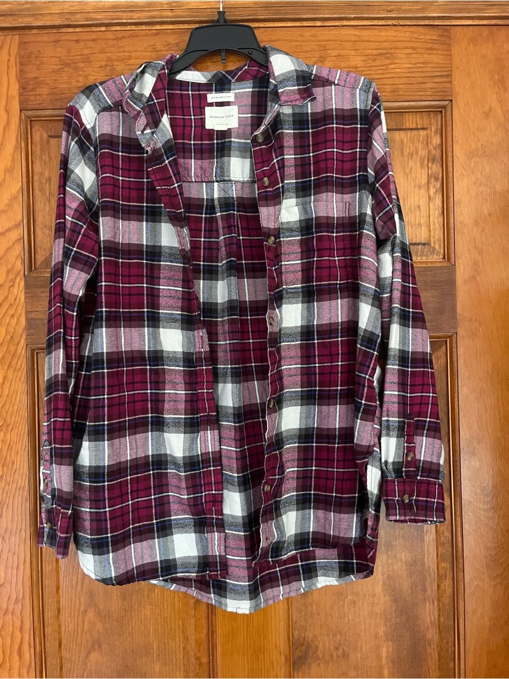 American Eagle Outfitters Maroon and White Plaid Button-Down Shirt
